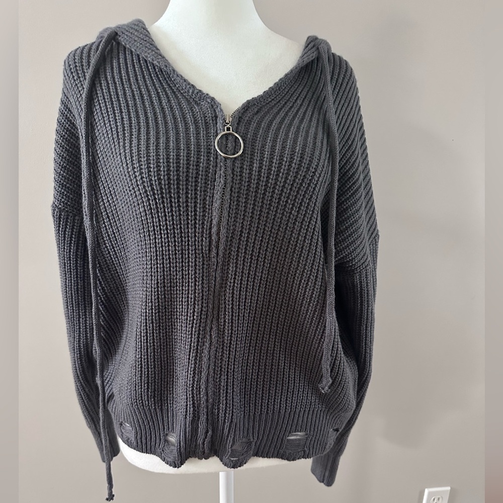 Women Zip Up Hooded Knit Cardigan Sweater with Distressed Hem, size small